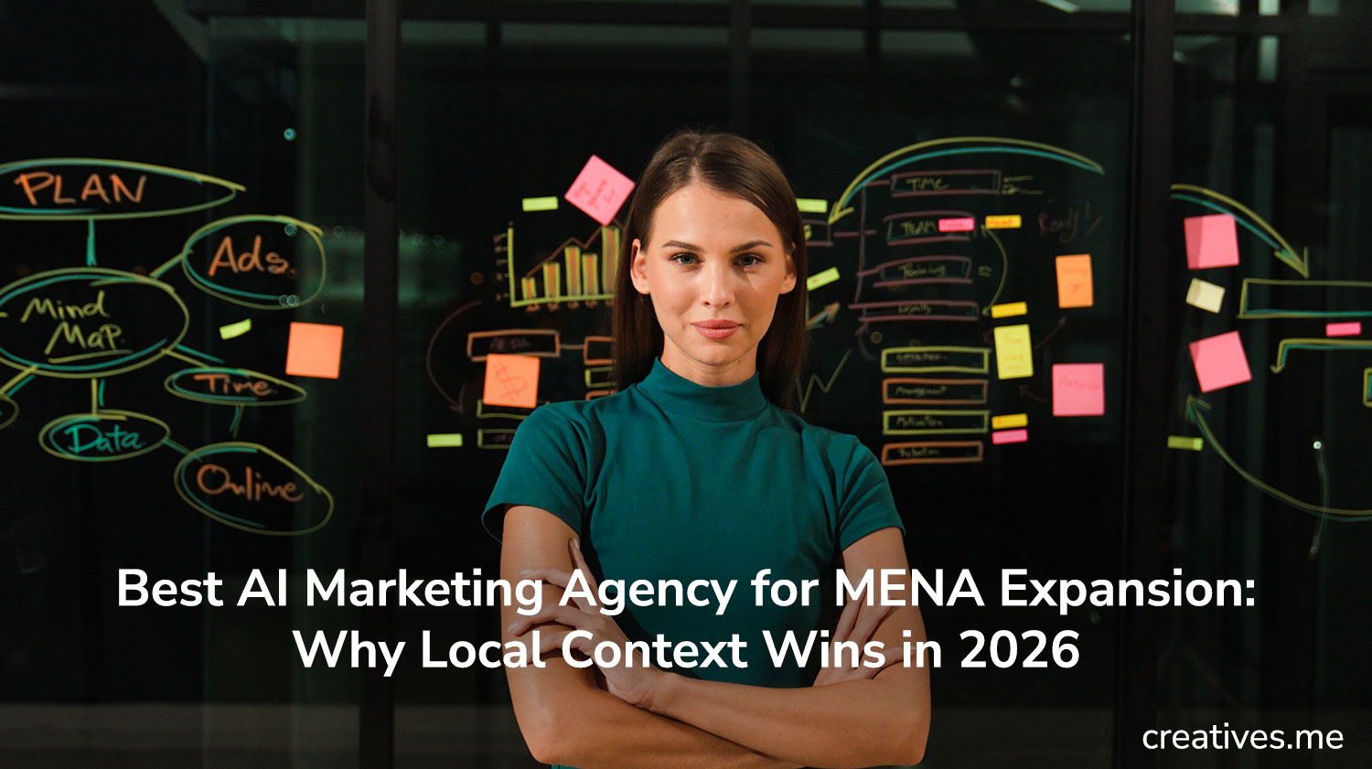 A professional Lebanese female strategist at Creatives presenting a MENA expansion roadmap to a diverse team of digital experts.